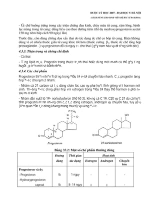 prostaglandin… ) vµ prgesteron dÔ cã nguy c¬ cho thai ( g©y nam hãa vµ dÞ d¹ng sinh dôc)
- Cã thai
- T¨ng lipid m¸u. Progestin trong thuèc tr¸nh thai hoÆc dïng mét m×nh cã thÓ g©y t¨ng
huyÕt ¸p trªn mét sè bÖnh nh©n.
Progesteron thiªn nhiªn Ýt dïng trong ®iÒu trÞ v× bÞ chuyÓn hãa nhanh. C¸c progestin tæng
hîp ®­îc chia lµm 2 nhãm:
- Nhãm cã 21 carbon cã t¸c dông chän läc cao vµ phæ ho¹t tÝnh gièng víi hormon néi
sinh. Th­êng ®­îc dïng phèi hîp víi estrogen trong ®iÒu trÞ thay thÕ hormon ë phô n÷
sau m·n kinh.
- Nhãm dÉn xuÊt tõ 19- nortestosteron (thÕ hÖ 3), kh«ng cã C 19, C20 vµ C 21 do cã ho¹t
tÝnh progestin m¹nh nh­ng cßn c¸c t¸c dông estrogen, androgen vµ chuyÓn hãa, tuy yÕ u
(liªn quan ®Õn t¸c dông kh«ng mong muèn) vµ uèng ®­îc.
- Progesteron
-Hydroxyprogesteron
caproat
tb
tb
1 ngµy
8- 14 ngµy
- - -
-
 
