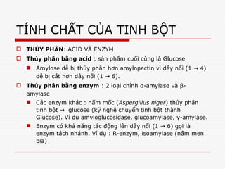 TÍNH CHẤT CỦA TINH BỘT
 THỦY PHÂN: ACID VÀ ENZYM
 Thủy phân bằng acid : sản phẩm cuối cùng là Glucose
 Amylose dễ bị thủy phân hơn amylopectin vì dây nối (1 4)
→
dễ bị cắt hơn dây nối (1 6).
→
 Thủy phân bằng enzym : 2 loại chính α-amylase và β-
amylase
 Các enzym khác : nấm mốc (Aspergillus niger) thủy phân
tinh bột gluc
→ ose (kỹ nghệ chuyển tinh bột thành
Glucose). Ví dụ amyloglucosidase, glucoamylase, γ-amylase.
 Enzym có khả năng tác động lên dây nối (1 6) gọi là
→
enzym tách nhánh. Ví dụ : R-enzym, isoamylase (nấm men
bia)
 