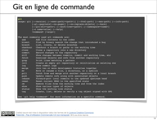 Ce(tte) oeuvre est mise à disposition selon les termes de la Licence Creative Commons
Paternité - Pas d'Utilisation Commerciale 3.0 non transposé. 2012, tous droits réservés
Git en ligne de commande
git
usage: git [--version] [--exec-path[=<path>]] [--html-path] [--man-path] [--info-path]
[-p|--paginate|--no-pager] [--no-replace-objects] [--bare]
[--git-dir=<path>] [--work-tree=<path>] [--namespace=<name>]
[-c name=value] [--help]
<command> [<args>]
The most commonly used git commands are:
add Add file contents to the index
bisect Find by binary search the change that introduced a bug
branch List, create, or delete branches
checkout Checkout a branch or paths to the working tree
clone Clone a repository into a new directory
commit Record changes to the repository
diff Show changes between commits, commit and working tree, etc
fetch Download objects and refs from another repository
grep Print lines matching a pattern
init Create an empty git repository or reinitialize an existing one
log Show commit logs
merge Join two or more development histories together
mv Move or rename a file, a directory, or a symlink
pull Fetch from and merge with another repository or a local branch
push Update remote refs along with associated objects
rebase Forward-port local commits to the updated upstream head
reset Reset current HEAD to the specified state
rm Remove files from the working tree and from the index
show Show various types of objects
status Show the working tree status
tag Create, list, delete or verify a tag object signed with GPG
See 'git help <command>' for more information on a specific command.
11
 