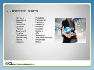 . . . Spanning All Industries
• Aerospace
• Associations
• Defense
• Distribution
• Education
• Financial
• Government
• Libraries
• Life Sciences
• Manufacturing
• Medical
• Museums
• Periodicals
• Professional
• Publishing
• Reference
• Research
• Societies
• Software
• STM
• Technology
• Telecommunications
• Universities
• Utilities
 
