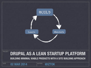 @IZTOK
PROJECT
DATE AUTHOR
02 MAR 2014
DRUPAL AS A LEAN STARTUP PLATFORM
BUILDING MINIMAL VIABLE PRODUCTS WITH A SITE BUILDING APPROACH
BUILD
MeasureLearn
 