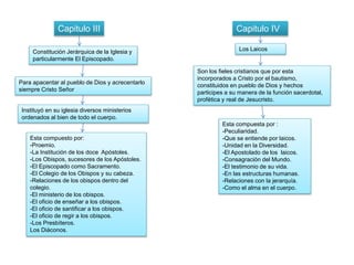 Capitulo III Capitulo IV
Constitución Jerárquica de la Iglesia y
particularmente El Episcopado.
Para apacentar al pueblo de Dios y acrecentarlo
siempre Cristo Señor
Instituyó en su iglesia diversos ministerios
ordenados al bien de todo el cuerpo.
Esta compuesto por:
-Proemio.
-La Institución de los doce Apóstoles.
-Los Obispos, sucesores de los Apóstoles.
-El Episcopado como Sacramento.
-El Colegio de los Obispos y su cabeza.
-Relaciones de los obispos dentro del
colegio.
-El ministerio de los obispos.
-El oficio de enseñar a los obispos.
-El oficio de santificar a los obispos.
-El oficio de regir a los obispos.
-Los Presbíteros.
Los Diáconos.
Los Laicos
Son los fieles cristianos que por esta
incorporados a Cristo por el bautismo,
constituidos en pueblo de Dios y hechos
participes a su manera de la función sacerdotal,
profética y real de Jesucristo.
Esta compuesta por :
-Peculiaridad.
-Que se entiende por laicos.
-Unidad en la Diversidad.
-El Apostolado de los laicos.
-Consagración del Mundo.
-El testimonio de su vida.
-En las estructuras humanas.
-Relaciones con la jerarquía.
-Como el alma en el cuerpo.
 