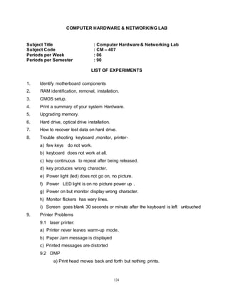 124
COMPUTER HARDWARE & NETWORKING LAB
Subject Title : Computer Hardware & Networking Lab
Subject Code : CM – 407
Periods per Week : 06
Periods per Semester : 90
LIST OF EXPERIMENTS
1. Identify motherboard components
2. RAM identification, removal, installation.
3. CMOS setup.
4. Print a summary of your system Hardware.
5. Upgrading memory.
6. Hard drive, optical drive installation.
7. How to recover lost data on hard drive.
8. Trouble shooting keyboard ,monitor, printer-
a) few keys do not work.
b) keyboard does not work at all.
c) key continuous to repeat after being released.
d) key produces wrong character.
e) Power light (led) does not go on, no picture.
f) Power LED light is on no picture power up .
g) Power on but monitor display wrong character.
h) Monitor flickers has wary lines.
i) Screen goes blank 30 seconds or minute after the keyboard is left untouched
9. Printer Problems
9.1 laser printer:
a) Printer never leaves warm-up mode.
b) Paper Jam message is displayed
c) Printed messages are distorted
9.2 DMP
a) Print head moves back and forth but nothing prints.
 