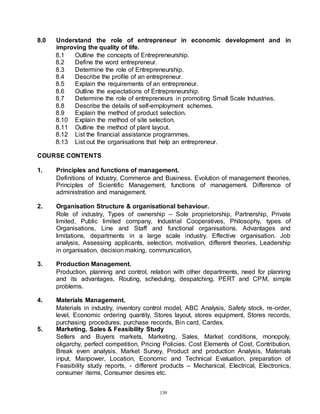 139
8.0 Understand the role of entrepreneur in economic development and in
improving the quality of life.
8.1 Outline the concepts of Entrepreneurship.
8.2 Define the word entrepreneur.
8.3 Determine the role of Entrepreneurship.
8.4 Describe the profile of an entrepreneur.
8.5 Explain the requirements of an entrepreneur.
8.6 Outline the expectations of Entrepreneurship.
8.7 Determine the role of entrepreneurs in promoting Small Scale Industries.
8.8 Describe the details of self-employment schemes.
8.9 Explain the method of product selection.
8.10 Explain the method of site selection.
8.11 Outline the method of plant layout.
8.12 List the financial assistance programmes.
8.13 List out the organisations that help an entrepreneur.
COURSE CONTENTS
1. Principles and functions of management.
Definitions of Industry, Commerce and Business. Evolution of management theories.
Principles of Scientific Management, functions of management. Difference of
administration and management.
2. Organisation Structure & organisational behaviour.
Role of industry, Types of ownership – Sole proprietorship, Partnership, Private
limited, Public limited company, Industrial Cooperatives, Philosophy, types of
Organisations, Line and Staff and functional organisations. Advantages and
limitations, departments in a large scale industry. Effective organisation. Job
analysis, Assessing applicants, selection, motivation, different theories, Leadership
in organisation, decision making, communication,
3. Production Management.
Production, planning and control, relation with other departments, need for planning
and its advantages, Routing, scheduling, despatching, PERT and CPM, simple
problems.
4. Materials Management.
Materials in industry, inventory control model, ABC Analysis, Safety stock, re-order,
level, Economic ordering quantity, Stores layout, stores equipment, Stores records,
purchasing procedures, purchase records, Bin card, Cardex.
5. Marketing, Sales & Feasibility Study
Sellers and Buyers markets, Marketing, Sales, Market conditions, monopoly,
oligarchy, perfect competition, Pricing Policies. Cost Elements of Cost, Contribution,
Break even analysis, Market Survey, Product and production Analysis, Materials
input, Manpower, Location, Economic and Technical Evaluation, preparation of
Feasibility study reports, - different products – Mechanical, Electrical, Electronics,
consumer items, Consumer desires etc.
 