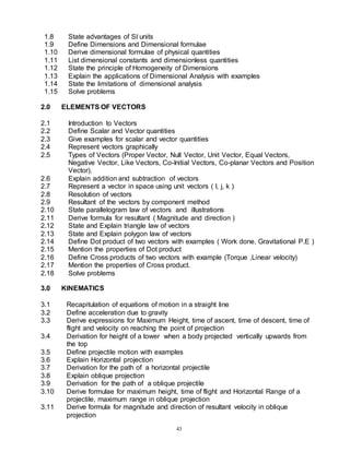 43
1.8 State advantages of SI units
1.9 Define Dimensions and Dimensional formulae
1.10 Derive dimensional formulae of physical quantities
1.11 List dimensional constants and dimensionless quantities
1.12 State the principle of Homogeneity of Dimensions
1.13 Explain the applications of Dimensional Analysis with examples
1.14 State the limitations of dimensional analysis
1.15 Solve problems
2.0 ELEMENTS OF VECTORS
2.1 Introduction to Vectors
2.2 Define Scalar and Vector quantities
2.3 Give examples for scalar and vector quantities
2.4 Represent vectors graphically
2.5 Types of Vectors (Proper Vector, Null Vector, Unit Vector, Equal Vectors,
Negative Vector, Like Vectors, Co-Initial Vectors, Co-planar Vectors and Position
Vector).
2.6 Explain addition and subtraction of vectors
2.7 Represent a vector in space using unit vectors ( I, j, k )
2.8 Resolution of vectors
2.9 Resultant of the vectors by component method
2.10 State parallelogram law of vectors and illustrations
2.11 Derive formula for resultant ( Magnitude and direction )
2.12 State and Explain triangle law of vectors
2.13 State and Explain polygon law of vectors
2.14 Define Dot product of two vectors with examples ( Work done, Gravitational P.E )
2.15 Mention the properties of Dot product
2.16 Define Cross products of two vectors with example (Torque ,Linear velocity)
2.17 Mention the properties of Cross product.
2.18 Solve problems
3.0 KINEMATICS
3.1 Recapitulation of equations of motion in a straight line
3.2 Define acceleration due to gravity
3.3 Derive expressions for Maximum Height, time of ascent, time of descent, time of
flight and velocity on reaching the point of projection
3.4 Derivation for height of a tower when a body projected vertically upwards from
the top
3.5 Define projectile motion with examples
3.6 Explain Horizontal projection
3.7 Derivation for the path of a horizontal projectile
3.8 Explain oblique projection
3.9 Derivation for the path of a oblique projectile
3.10 Derive formulae for maximum height, time of flight and Horizontal Range of a
projectile, maximum range in oblique projection
3.11 Derive formula for magnitude and direction of resultant velocity in oblique
projection
 