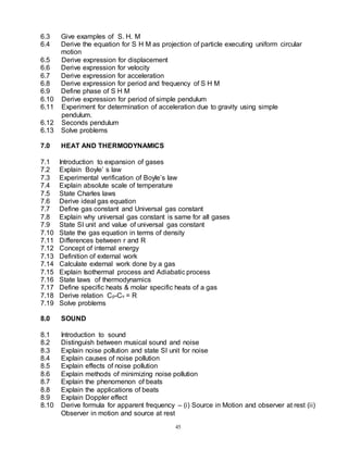 45
6.3 Give examples of S. H. M
6.4 Derive the equation for S H M as projection of particle executing uniform circular
motion
6.5 Derive expression for displacement
6.6 Derive expression for velocity
6.7 Derive expression for acceleration
6.8 Derive expression for period and frequency of S H M
6.9 Define phase of S H M
6.10 Derive expression for period of simple pendulum
6.11 Experiment for determination of acceleration due to gravity using simple
pendulum.
6.12 Seconds pendulum
6.13 Solve problems
7.0 HEAT AND THERMODYNAMICS
7.1 Introduction to expansion of gases
7.2 Explain Boyle’ s law
7.3 Experimental verification of Boyle’s law
7.4 Explain absolute scale of temperature
7.5 State Charles laws
7.6 Derive ideal gas equation
7.7 Define gas constant and Universal gas constant
7.8 Explain why universal gas constant is same for all gases
7.9 State SI unit and value of universal gas constant
7.10 State the gas equation in terms of density
7.11 Differences between r and R
7.12 Concept of internal energy
7.13 Definition of external work
7.14 Calculate external work done by a gas
7.15 Explain Isothermal process and Adiabatic process
7.16 State laws of thermodynamics
7.17 Define specific heats & molar specific heats of a gas
7.18 Derive relation Cp-Cv = R
7.19 Solve problems
8.0 SOUND
8.1 Introduction to sound
8.2 Distinguish between musical sound and noise
8.3 Explain noise pollution and state SI unit for noise
8.4 Explain causes of noise pollution
8.5 Explain effects of noise pollution
8.6 Explain methods of minimizing noise pollution
8.7 Explain the phenomenon of beats
8.8 Explain the applications of beats
8.9 Explain Doppler effect
8.10 Derive formula for apparent frequency – (i) Source in Motion and observer at rest (ii)
Observer in motion and source at rest
 
