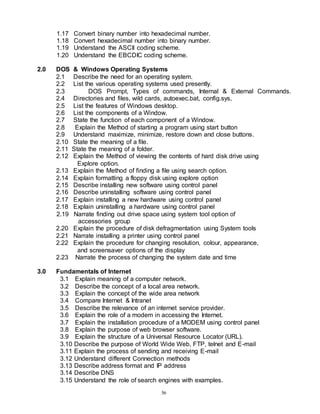 56
1.17 Convert binary number into hexadecimal number.
1.18 Convert hexadecimal number into binary number.
1.19 Understand the ASCII coding scheme.
1.20 Understand the EBCDIC coding scheme.
2.0 DOS & Windows Operating Systems
2.1 Describe the need for an operating system.
2.2 List the various operating systems used presently.
2.3 DOS Prompt, Types of commands, Internal & External Commands.
2.4 Directories and files, wild cards, autoexec.bat, config.sys,
2.5 List the features of Windows desktop.
2.6 List the components of a Window.
2.7 State the function of each component of a Window.
2.8 Explain the Method of starting a program using start button
2.9 Understand maximize, minimize, restore down and close buttons.
2.10 State the meaning of a file.
2.11 State the meaning of a folder.
2.12 Explain the Method of viewing the contents of hard disk drive using
Explore option.
2.13 Explain the Method of finding a file using search option.
2.14 Explain formatting a floppy disk using explore option
2.15 Describe installing new software using control panel
2.16 Describe uninstalling software using control panel
2.17 Explain installing a new hardware using control panel
2.18 Explain uninstalling a hardware using control panel
2.19 Narrate finding out drive space using system tool option of
accessories group
2.20 Explain the procedure of disk defragmentation using System tools
2.21 Narrate installing a printer using control panel
2.22 Explain the procedure for changing resolution, colour, appearance,
and screensaver options of the display
2.23 Narrate the process of changing the system date and time
3.0 Fundamentals of Internet
3.1 Explain meaning of a computer network.
3.2 Describe the concept of a local area network.
3.3 Explain the concept of the wide area network
3.4 Compare Internet & Intranet
3.5 Describe the relevance of an internet service provider.
3.6 Explain the role of a modem in accessing the Internet.
3.7 Explain the installation procedure of a MODEM using control panel
3.8 Explain the purpose of web browser software.
3.9 Explain the structure of a Universal Resource Locator (URL).
3.10 Describe the purpose of World Wide Web, FTP, telnet and E-mail
3.11 Explain the process of sending and receiving E-mail
3.12 Understand different Connection methods
3.13 Describe address format and IP address
3.14 Describe DNS
3.15 Understand the role of search engines with examples.
 