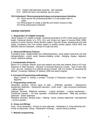 59
9.12 Explain Self referential structures with examples.
9.13 Define the Union and illustrate use of a union.
10.0 Understand File processing techniques and preprocessor directives
10.1 Know various file processing facilities in C and explain them in
detail.
10.2 Write program to create a data file and random access to data.
10.3 Know preprocessor directives
COURSE CONTENTS
1. Organization of a Digital Computer
Block diagram of a digital computer, functional parameters of CPU, Clock speed and word
length, Functional blocks of a CPU: ALU and Control unit, types of memory RAM, ROM,
purpose of cache memory, Binary Number system, Decimal, Binary, hexadecimal and octal
codes, Conversion from one number system to another number system, ASCII, BCD and
EBCDIC code for characters, concept of a byte and word.
2. Advanced Windows Features
Formatting disks, install/uninstall new software/hardware, using system tools-drive and disk
defragmentation; control panel features-installing printer, changing display, keyboard,
mouse, date/time settings.
3. Fundamentals of Internet
Basics of a computer network, local area network and wide area network, Basics of E-mail.
Exposure to Web browsers. Structure of Universal Resource Locator. Type of web sites
.com, .gov etc., functions of an Internet service provider, role of a modem in accessing the
Internet, Connection Methods, IP address, DNS and search engines
4. Concept of Programming methodology
Steps involved in solving a problem- Concept of Structured program – Flow chart-
Algorithm.
5. Programming constructs
Sequential structure: Various types of data – Arithmetic operators - Expressions-
Assignment statement - Assignment operators - printf, scanf – Type conversion techniques
– Macro define –
Selective Structure: Relational operators - Logical operators - Logical expressions -
Conditional operator – bit wise operators -Conditional statements - Multi way condition
statement - Switch statement
Repetitive structures: Iterative loops – Nesting - break, continue statements –null statement
– comma operator.
6. Arrays and Strings
Array - Array declaration - Access to array elements - Initialization of Array elements and -
Arrays as arguments, String – Declaration of Strings – various String Functions.
7. Modular programming:
 