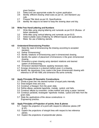 62
given function.
2.5 Select and use appropriate scales for a given application.
2.6 Identify different drawing sheet sizes as per I.S. and Standard Lay-
outs.
2.7 Prepare Title block as per I.S. Specifications.
2.8 Identify the steps to be taken to keep the drawing clean and tidy.
3.0 Write Free Hand Lettering and Numbers
3.1 Write titles using sloping lettering and numerals as per B.I.S (Bureau of
Indian standards)
3.2 Write titles using vertical lettering and numerals as per B.I.S.
3.3 Select suitable sizes of lettering for different layouts and applications.
3.4 Make the use of lettering stencils.
4.0 Understand Dimensioning Practice
4.1 State the need of dimensioning the drawing according to accepted
standard.
4.2 Define “Dimensioning”.
4.3 Identify notations of Dimensioning used in dimensioned drawing.
4.4 Identify the system of placement of dimensions in the given dimensioned
drawing.
4.5 Dimension a given drawing using standard notations and desired
system of dimensioning.
4.6 Dimension standard features applying necessary rules.
4.7 Arrange dimensions in a desired method given in a drawing.
4.8 Identify the departures if any made in the given dimensioned drawing with
reference to SP-46-1988, and dimension the same correctly.
5.0 Apply Principles Of Geometric Constructions
5.1 Divide a given line into desired number of equal parts internally.
5.2 Draw tangent lines and arcs.
5.3 Construct a Hexagon from the given data.
5.4 Define ellipse, parabola hyperbola, involute, cycloid, and helix.
5.5 Construct ellipse by concentric circles method and using a paper trammel.
5.6 Construct parabola, rectangular hyperbola involute, cycloid and helix from the
given data.
5.7 State the applications of the above constructions in
Engineering practice.
6.0 Apply Principles of Projection of points, lines & planes
6.1 Explain the projection of a point with respect to reference planes (HP
& VP)
6.2 Explain the projections of straight lines with respect to two reference
planes.
6.3 Explain the projections of perpendicular planes.
 