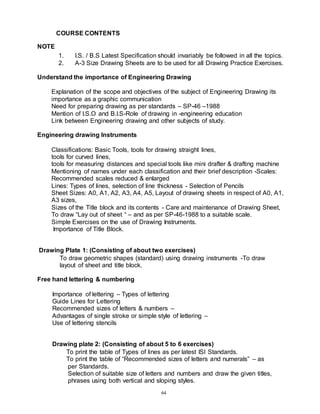 64
COURSE CONTENTS
NOTE
1. I.S. / B.S Latest Specification should invariably be followed in all the topics.
2. A-3 Size Drawing Sheets are to be used for all Drawing Practice Exercises.
Understand the importance of Engineering Drawing
Explanation of the scope and objectives of the subject of Engineering Drawing its
importance as a graphic communication
Need for preparing drawing as per standards – SP-46 –1988
Mention of I.S.O and B.I.S-Role of drawing in -engineering education
Link between Engineering drawing and other subjects of study.
Engineering drawing Instruments
Classifications: Basic Tools, tools for drawing straight lines,
tools for curved lines,
tools for measuring distances and special tools like mini drafter & drafting machine
Mentioning of names under each classification and their brief description -Scales:
Recommended scales reduced & enlarged
Lines: Types of lines, selection of line thickness - Selection of Pencils
Sheet Sizes: A0, A1, A2, A3, A4, A5, Layout of drawing sheets in respect of A0, A1,
A3 sizes,
Sizes of the Title block and its contents - Care and maintenance of Drawing Sheet,
To draw “Lay out of sheet “ – and as per SP-46-1988 to a suitable scale.
Simple Exercises on the use of Drawing Instruments.
Importance of Title Block.
Drawing Plate 1: (Consisting of about two exercises)
To draw geometric shapes (standard) using drawing instruments -To draw
layout of sheet and title block.
Free hand lettering & numbering
Importance of lettering – Types of lettering
Guide Lines for Lettering
Recommended sizes of letters & numbers –
Advantages of single stroke or simple style of lettering –
Use of lettering stencils
Drawing plate 2: (Consisting of about 5 to 6 exercises)
To print the table of Types of lines as per latest ISI Standards.
To print the table of “Recommended sizes of letters and numerals” – as
per Standards.
Selection of suitable size of letters and numbers and draw the given titles,
phrases using both vertical and sloping styles.
 