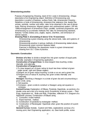 65
Dimensioning practice
Purpose of engineering Drawing, need of I.S.I code in dimensioning –Shape
description of an Engineering object -Definition of Dimensioning size
description -Location of features, surface finish, fully dimensioned Drawing -
Notations or tools of dimensioning, dimension line extension line, leader line,
arrows, symbols, number and notes, rules to be observed in the use of above
tools -Placing dimensions: Aligned system and unidirectional system ( SP-46-
1988)-Arrangement of dimensions Chain, parallel, combined progressive, and
dimensioning by co-ordinate methods-The rules for dimensioning standard,
features “Circles (holes) arcs, angles, tapers, chamfers, and dimension of
narrow spaces.
Drawing Plate 3: (Consisting of above 12 to 15 exercises)
Dimensioning a given drawing using the above tools, rules and systems of
dimensioning.
Dimensioning practice in various methods of dimensioning stated above.
Dimensioning, given common features listed.
Exercise in identifying the departures made in a given dimensioned
drawing from I.S.I. Code of practice.
Geometric Construction
Division of a line: to divide a straight line into given number of equal parts
internally examples in Engineering application.
Construction of tangent lines: to draw tangent lines touching circles
internally and externally.
Construction of tangent arcs
i) To draw tangent arc of given radius to touch two lines inclined at given
angle (acute, right and obtuse angles).
ii)Tangent arc of given radius touching a circle or an arc and a given line.
iii)Tangent arcs of radius R, touching two given circles internally and
externally.
Hexagon: Inscribing a Hexagon in a circle of given dia and circumscribing a
given circle, using
i) Set squares.
ii) Compass – given a side to construct a Hexagon using set squares or
compass.
Conical Curves: Explanation of Ellipse, Parabola, Hyperbola, as sections of a
double cone and a loci of a moving point, Eccentricity of above curves – Their
Engg. Application viz. Bolts and Nuts, Projectiles, reflectors P.V. Diagram of a
Hyperbolic process, Construction of Ellipse using.
i) Concentric circles method.
ii) Paper trammel, method.
iii) Construction of parabola by rectangular method.
iv) Construction of Rectangular Hyperbola when given the position of a point
on the curve.
General Curves: Involute, Cycloid and Helix, explanations as locus of a
moving point, their Engineering application, viz, Gear tooth profile, screw
 