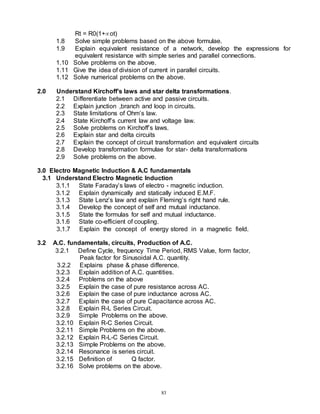 83
Rt = R0(1+ot)
1.8 Solve simple problems based on the above formulae.
1.9 Explain equivalent resistance of a network, develop the expressions for
equivalent resistance with simple series and parallel connections.
1.10 Solve problems on the above.
1.11 Give the idea of division of current in parallel circuits.
1.12 Solve numerical problems on the above.
2.0 Understand Kirchoff’s laws and star delta transformations.
2.1 Differentiate between active and passive circuits.
2.2 Explain junction ,branch and loop in circuits.
2.3 State limitations of Ohm’s law.
2.4 State Kirchoff’s current law and voltage law.
2.5 Solve problems on Kirchoff’s laws.
2.6 Explain star and delta circuits
2.7 Explain the concept of circuit transformation and equivalent circuits
2.8 Develop transformation formulae for star- delta transformations
2.9 Solve problems on the above.
3.0 Electro Magnetic Induction & A.C fundamentals
3.1 Understand Electro Magnetic Induction
3.1.1 State Faraday’s laws of electro - magnetic induction.
3.1.2 Explain dynamically and statically induced E.M.F.
3.1.3 State Lenz’s law and explain Fleming’s right hand rule.
3.1.4 Develop the concept of self and mutual inductance.
3.1.5 State the formulas for self and mutual inductance.
3.1.6 State co-efficient of coupling.
3.1.7 Explain the concept of energy stored in a magnetic field.
3.2 A.C. fundamentals, circuits, Production of A.C.
3.2.1 Define Cycle, frequency Time Period, RMS Value, form factor,
Peak factor for Sinusoidal A.C. quantity.
3.2.2 Explains phase & phase difference.
3.2.3 Explain addition of A.C. quantities.
3.2.4 Problems on the above
3.2.5 Explain the case of pure resistance across AC.
3.2.6 Explain the case of pure inductance across AC.
3.2.7 Explain the case of pure Capacitance across AC.
3.2.8 Explain R-L Series Circuit.
3.2.9 Simple Problems on the above.
3.2.10 Explain R-C Series Circuit.
3.2.11 Simple Problems on the above.
3.2.12 Explain R-L-C Series Circuit.
3.2.13 Simple Problems on the above.
3.2.14 Resonance is series circuit.
3.2.15 Definition of Q factor.
3.2.16 Solve problems on the above.
 