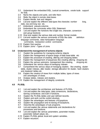 97
2.2 Understand the embedded SQL, Lexical conventions, oracle tools support
for SQL
2.3 Name the objects and parts, and refer them
2.4 Refer the object in remote data bases
2.5 Explain literals, text and integers
2.6 List and explain the different data types like character, number long,
date, raw and long raw etc.
2.7 Understand pseudo-columns
2.8 Understand the comments within SQL Statement
2.9 List and explain the functions like single row, character, conversion
and group functions
2.10 Give and explain the various date and number format models
2.11 List and explain the various commands of SQL like data definition
language commands, data manipulation language
commands, transaction control commands.
2.12 Explain Sub queries
2.13 Explain Joins – Types of Joins
3.0 Understand the management of schema objects
3.1 Explain the guidelines for managing schema objects
3.2 Explain the management of space usage of data base table etc
3.3 Explain the procedure of creating, altering and dropping tables
3.4 Explain the management of sequences like creating altering dropping etc
3.5 Explain the various synonyms management like creating, dropping etc
3.6 Understand the various steps of managing indexes
3.7 Comprehend the various steps of managing clusters like creating, cluster
table, cluster indexes, alter cluster, storage allocation for cluster, hash clusters
and clustered tables etc
3.8 Explain the creation of views from multiple tables, types of views
and advantages of views.
3.9 Analyse tables, indexes and clusters.
3.10 Explain the management of integrity constraints
4.0 PL/SQL
4.1 List and explain the architecture and features of PL/SQL.
4.2 List and explain the data types, data conversions, declarations,
naming conventions and built in functions.
4.3 Explain the PL/SQL tables and user defined records.
4.4 Explain and work out the control structure.
4.5 Explain the advantages and features of Exceptions.
4.6 Explain the propagation and re-raising of Exceptions.
4.7 Describe the advantages of sub programs.
4.8 List and explain the various statements and declarations for
procedures and functions.
4.9 List and explain the various parameters, parameter modes,
parameter default values etc.,
4.10 Explain PL/SQL global, local and system variables.
4.11 Explain recursion.
 