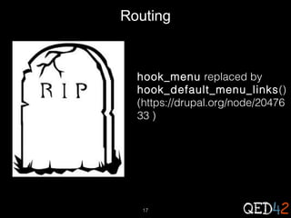 Routing

hook_menu replaced by
hook_default_menu_links ()
(https://drupal.org/node/20476
33 )

17

 