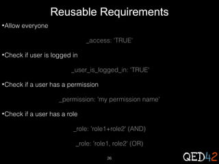 Reusable Requirements
• Allow

everyone
_access: 'TRUE'

• Check

if user is logged in
_user_is_logged_in: 'TRUE'

• Check

if a user has a permission
_permission: 'my permission name'

• Check

if a user has a role
_role: 'role1+role2' (AND)
_role: 'role1, role2' (OR)
26

 