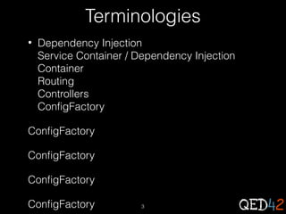 Terminologies
•

Dependency Injection
Service Container / Dependency Injection
Container
Routing
Controllers
ConfigFactory

ConfigFactory
ConfigFactory
ConfigFactory
ConfigFactory

3

 