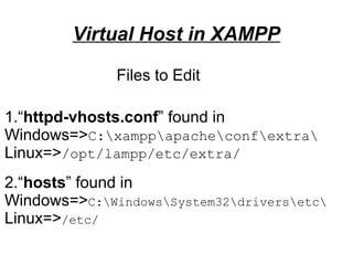 Virtual Host in XAMPP
1.“httpd-vhosts.conf” found in
Windows=>C:xamppapacheconfextra
Linux=>/opt/lampp/etc/extra/
2.“hosts” found in
Windows=>C:WindowsSystem32driversetc
Linux=>/etc/
Files to Edit
 