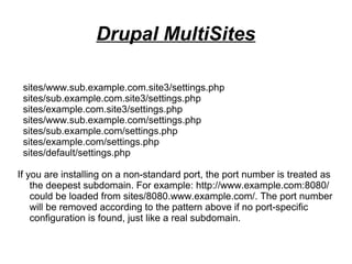 sites/www.sub.example.com.site3/settings.php
sites/sub.example.com.site3/settings.php
sites/example.com.site3/settings.php
sites/www.sub.example.com/settings.php
sites/sub.example.com/settings.php
sites/example.com/settings.php
sites/default/settings.php
If you are installing on a non-standard port, the port number is treated as
the deepest subdomain. For example: http://www.example.com:8080/
could be loaded from sites/8080.www.example.com/. The port number
will be removed according to the pattern above if no port-specific
configuration is found, just like a real subdomain.
Drupal MultiSites
 