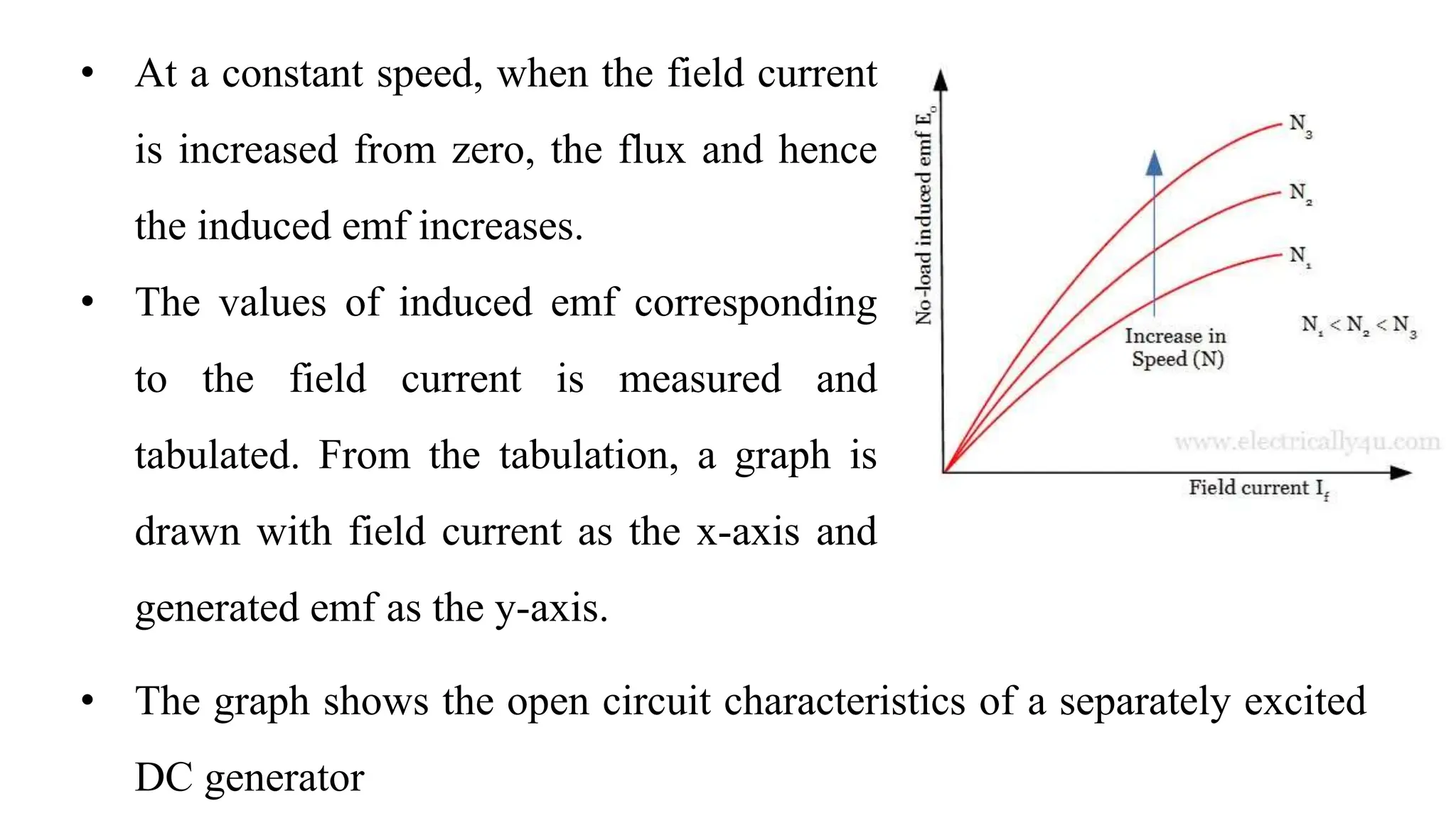 • At a constant speed, when the field current
is increased from zero, the flux and hence
the induced emf increases.
• The values of induced emf corresponding
to the field current is measured and
tabulated. From the tabulation, a graph is
drawn with field current as the x-axis and
generated emf as the y-axis.
• The graph shows the open circuit characteristics of a separately excited
DC generator
 