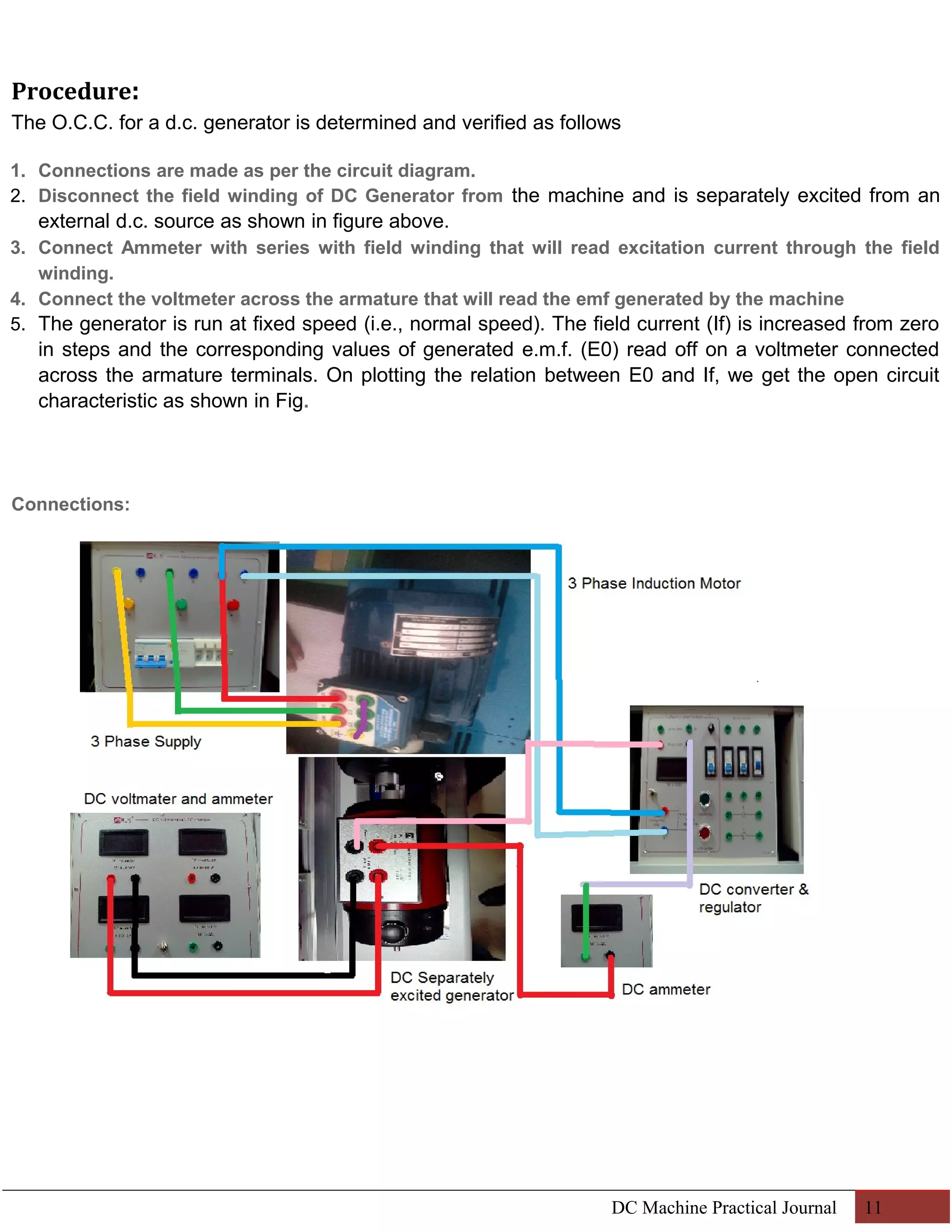 Procedure: 
The O.C.C. for a d.c. generator is determined and verified as follows 
1. Connections are made as per the circuit diagram. 
2. Disconnect the field winding of DC Generator from the machine and is separately excited from an 
external d.c. source as shown in figure above. 
3. Connect Ammeter with series with field winding that will read excitation current through the field 
winding. 
4. Connect the voltmeter across the armature that will read the emf generated by the machine 
5. The generator is run at fixed speed (i.e., normal speed). The field current (If) is increased from zero 
in steps and the corresponding values of generated e.m.f. (E0) read off on a voltmeter connected 
across the armature terminals. On plotting the relation between E0 and If, we get the open circuit 
characteristic as shown in Fig. 
Connections: 
DC Machine Practical Journal 11 
 