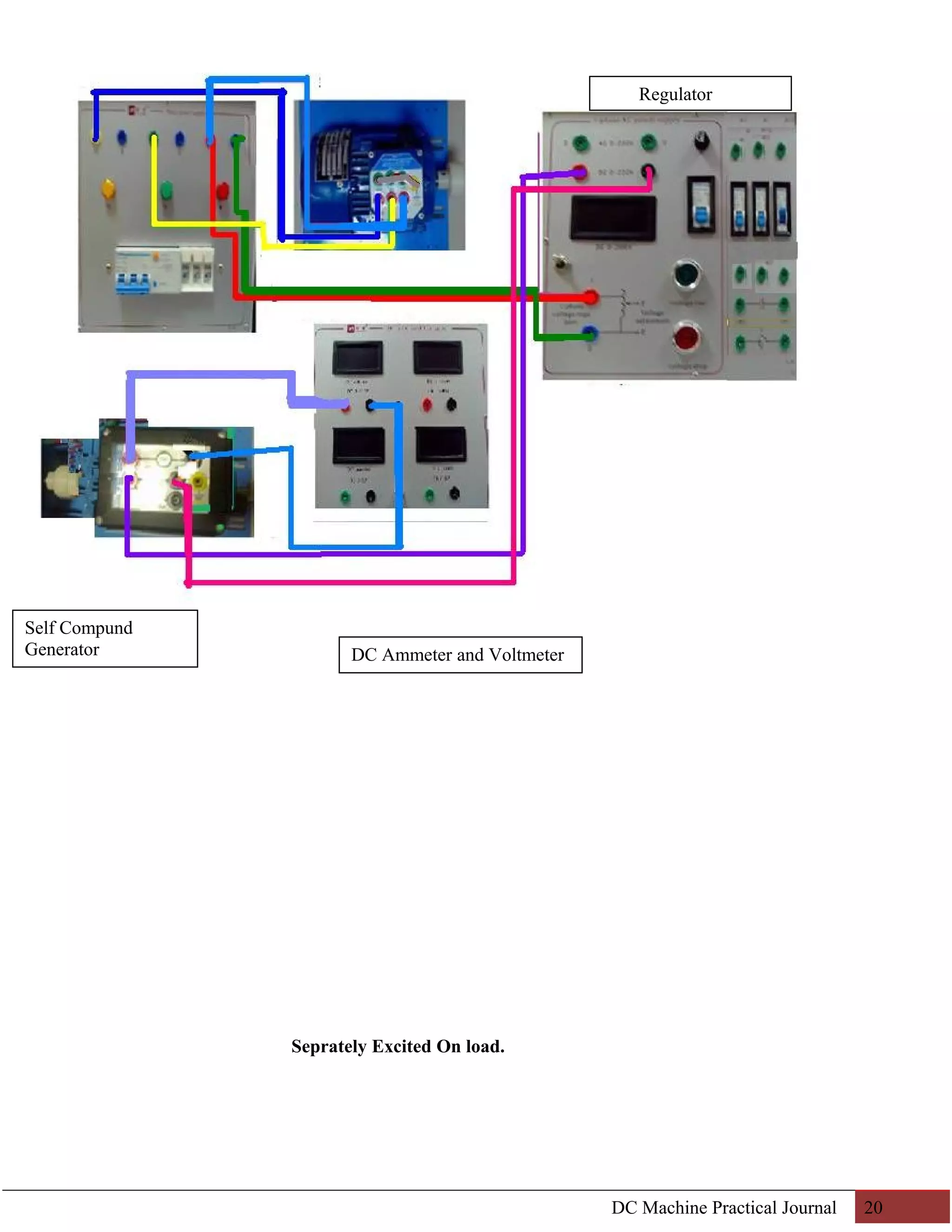 Seprately Excited On load. 
Regulator 
DC Machine Practical Journal 20 
Self Compund 
Generator DC Ammeter and Voltmeter 
 