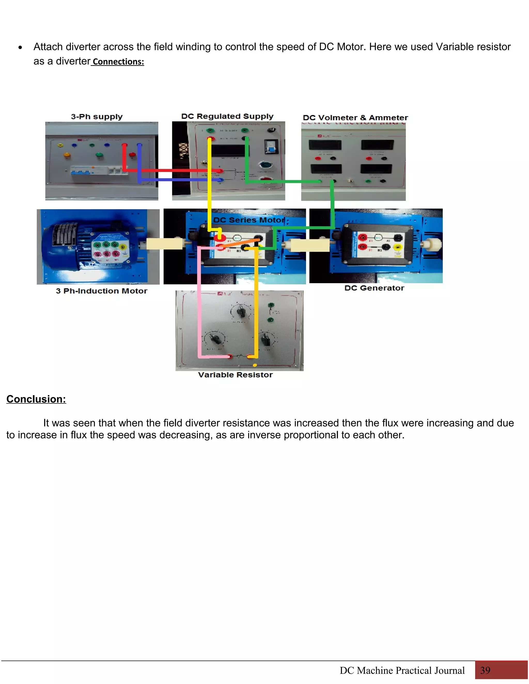 · Attach diverter across the field winding to control the speed of DC Motor. Here we used Variable resistor 
as a diverter Connections: 
Conclusion: 
It was seen that when the field diverter resistance was increased then the flux were increasing and due 
to increase in flux the speed was decreasing, as are inverse proportional to each other. 
DC Machine Practical Journal 39 
 