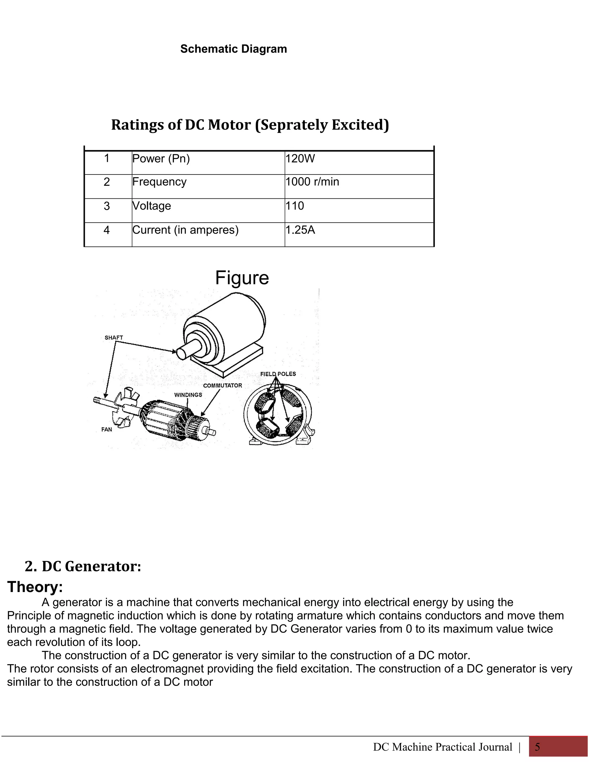 Schematic Diagram 
Ratings of DC Motor (Seprately Excited) 
1 Power (Pn) 120W 
2 Frequency 1000 r/min 
3 Voltage 110 
4 Current (in amperes) 1.25A 
Figure 
2. DC Generator: 
Theory: 
A generator is a machine that converts mechanical energy into electrical energy by using the 
Principle of magnetic induction which is done by rotating armature which contains conductors and move them 
through a magnetic field. The voltage generated by DC Generator varies from 0 to its maximum value twice 
each revolution of its loop. 
The construction of a DC generator is very similar to the construction of a DC motor. 
The rotor consists of an electromagnet providing the field excitation. The construction of a DC generator is very 
similar to the construction of a DC motor 
DC Machine Practical Journal | 5 
 