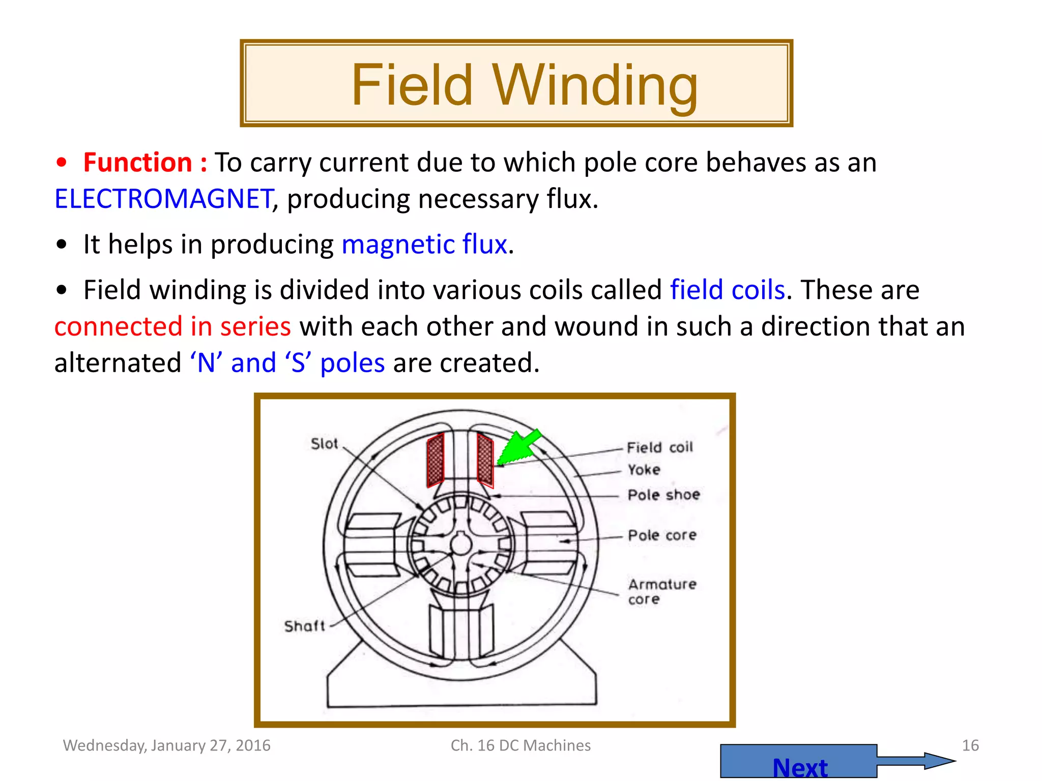 Wednesday, January 27, 2016 Ch. 16 DC Machines 16
Field Winding
• Function : To carry current due to which pole core behaves as an
ELECTROMAGNET, producing necessary flux.
• It helps in producing magnetic flux.
• Field winding is divided into various coils called field coils. These are
connected in series with each other and wound in such a direction that an
alternated ‘N’ and ‘S’ poles are created.
Next
 