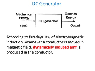 DC Generator
According to faradays law of electromagnetic
induction, whenever a conductor is moved in
magnetic field, dynamically induced emf is
produced in the conductor.
 