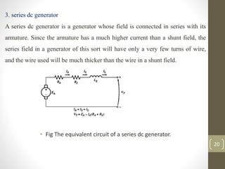 3. series dc generator
A series dc generator is a generator whose field is connected in series with its
armature. Since the armature has a much higher current than a shunt field, the
series field in a generator of this sort will have only a very few turns of wire,
and the wire used will be much thicker than the wire in a shunt field.
• Fig The equivalent circuit of a series dc generator.
20
 