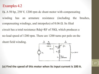 Examples 4.2
1). A 50 hp, 250 V, 1200 rpm dc shunt motor with compensating
winding has an armature resistance (including the brushes,
compensating windings, and interpoles) of 0.06 Ω. Its filed
circuit has a total resistance Rdaj+RF of 50Ω, which produces a
no-load speed of 1200 rpm. There are 1200 turns per pole on the
shunt field winding.
(a) Find the speed of this motor when its input current is 100 A.
27
 