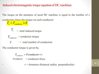 Inducedelectromagnetic torque equationof DC machines
The torque on the armature of areal DC machine is equal to the number of z
conductors times the torque on each conductor
= total induced torque
= conductor torque
Z = total number of conductors
The conductor torque is given by,
= conductor force
• r = Armature distance( radius perpendicular)
e conductor
T T Z
 
e
T
conductor
T
conductor
T Fconductor r
 
30
Fconductor
 