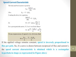 Speed-CurrentCharacteristic
If the applied voltage remains constant, speed is inversely proportional to
flux per pole. So, if a curve is drawn between reciprocal of flux and current I,
the speed current characteristic is obtained which is a rectangular
hyperbola in shape as represented in Figure above
43
 