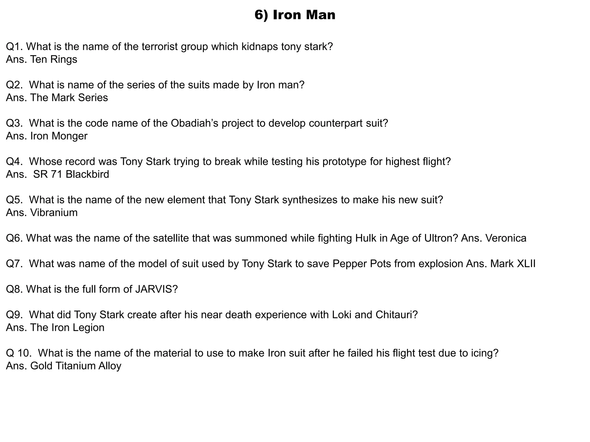 6) Iron Man
Q1. What is the name of the terrorist group which kidnaps tony stark?
Ans. Ten Rings
Q2. What is name of the series of the suits made by Iron man?
Ans. The Mark Series
Q3. What is the code name of the Obadiah’s project to develop counterpart suit?
Ans. Iron Monger
Q4. Whose record was Tony Stark trying to break while testing his prototype for highest flight?
Ans. SR 71 Blackbird
Q5. What is the name of the new element that Tony Stark synthesizes to make his new suit?
Ans. Vibranium
Q6. What was the name of the satellite that was summoned while fighting Hulk in Age of Ultron? Ans. Veronica
Q7. What was name of the model of suit used by Tony Stark to save Pepper Pots from explosion Ans. Mark XLII
Q8. What is the full form of JARVIS?
Q9. What did Tony Stark create after his near death experience with Loki and Chitauri?
Ans. The Iron Legion
Q 10. What is the name of the material to use to make Iron suit after he failed his flight test due to icing?
Ans. Gold Titanium Alloy
 
