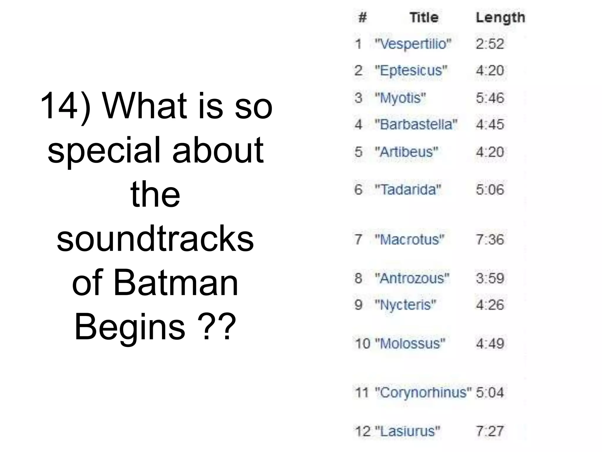 14) What is so
special about
the
soundtracks
of Batman
Begins ??
 