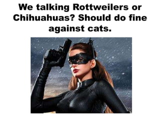 We talking Rottweilers or
Chihuahuas? Should do fine
against cats.
 