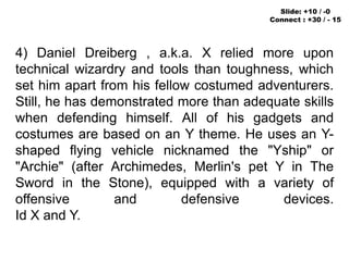 4) Daniel Dreiberg , a.k.a. X relied more upon
technical wizardry and tools than toughness, which
set him apart from his fellow costumed adventurers.
Still, he has demonstrated more than adequate skills
when defending himself. All of his gadgets and
costumes are based on an Y theme. He uses an Y-
shaped flying vehicle nicknamed the "Yship" or
"Archie" (after Archimedes, Merlin's pet Y in The
Sword in the Stone), equipped with a variety of
offensive and defensive devices.
Id X and Y.
Slide: +10 / -0
Connect : +30 / - 15
 