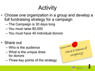 Activity
• Choose one organization in a group and develop a
full fundraising strategy for a campaign
– The Campaign is 30 days long
– You must raise $5,000
– You must have 40 individual donors
• Share out
– Who is the audience
– What is the unique draw
for donors
– Three key points of the strategy
 
