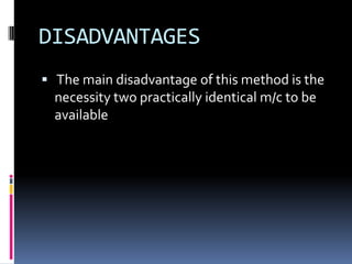 DISADVANTAGES
 The main disadvantage of this method is the
  necessity two practically identical m/c to be
  available
 