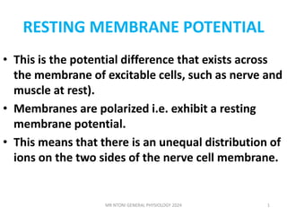 RESTING MEMBRANE POTENTIAL
• This is the potential difference that exists across
the membrane of excitable cells, such as nerve and
muscle at rest).
• Membranes are polarized i.e. exhibit a resting
membrane potential.
• This means that there is an unequal distribution of
ions on the two sides of the nerve cell membrane.
1
MR NTONI GENERAL PHYSIOLOGY 2024
 