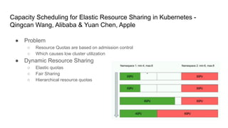 Capacity Scheduling for Elastic Resource Sharing in Kubernetes -
Qingcan Wang, Alibaba & Yuan Chen, Apple
● Problem
○ Resource Quotas are based on admission control
○ Which causes low cluster utilization
● Dynamic Resource Sharing
○ Elastic quotas
○ Fair Sharing
○ Hierarchical resource quotas
 