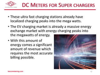 DC METERS FOR SUPER CHARGERS
• These ultra fast charging stations already have
localized charging peaks into the mega watts.
• The EV charging market is already a massive energy
exchange market with energy charging peaks into
the megawatts of energy.
• With this amount of
energy comes a significant
amount of revenue which
requires the most accurate
billing possible.
tescometering.com 12
 