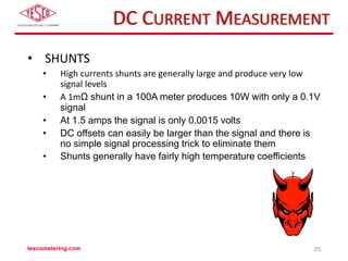DC CURRENT MEASUREMENT
• SHUNTS
• High currents shunts are generally large and produce very low
signal levels
• A 1mΩ shunt in a 100A meter produces 10W with only a 0.1V
signal
• At 1.5 amps the signal is only 0.0015 volts
• DC offsets can easily be larger than the signal and there is
no simple signal processing trick to eliminate them
• Shunts generally have fairly high temperature coefficients
tescometering.com 25
 