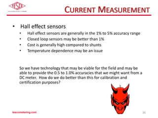 CURRENT MEASUREMENT
• Hall effect sensors
• Hall effect sensors are generally in the 1% to 5% accuracy range
• Closed loop sensors may be better than 1%
• Cost is generally high compared to shunts
• Temperature dependence may be an issue
So we have technology that may be viable for the field and may be
able to provide the 0.5 to 1.0% accuracies that we might want from a
DC meter. How do we do better than this for calibration and
certification purposes?
tescometering.com 26
 