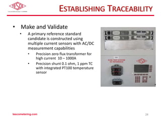 ESTABLISHING TRACEABILITY
• Make and Validate
• A primary reference standard
candidate is constructed using
multiple current sensors with AC/DC
measurement capabilities
• Precision zero flux transformer for
high current 10 – 1000A
• Precision shunt 0.1 ohm, 1 ppm TC
with integrated PT100 temperature
sensor
tescometering.com 28
 