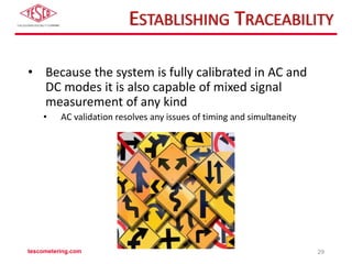 ESTABLISHING TRACEABILITY
• Because the system is fully calibrated in AC and
DC modes it is also capable of mixed signal
measurement of any kind
• AC validation resolves any issues of timing and simultaneity
tescometering.com 29
 