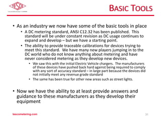 BASIC TOOLS
• As an industry we now have some of the basic tools in place
• A DC metering standard, ANSI C12.32 has been published. This
standard will be under constant revision as DC usage continues to
expand and develop – but we have a starting point.
• The ability to provide traceable calibrations for devices trying to
meet this standard. We have many new players jumping in to the
DC world who do not know anything about metering and have
never considered metering as they develop new devices.
• We saw this with the initial Electric Vehicle chargers. The manufacturers
of these devices have pushed back hard against being required to comply
with any sort of accuracy standard – in large part because the devices did
not initially meet any revenue grade standard
• The same has been true for other new areas such as street lights.
• Now we have the ability to at least provide answers and
guidance to these manufacturers as they develop their
equipment
tescometering.com 31
 