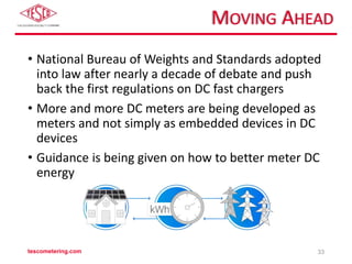 MOVING AHEAD
• National Bureau of Weights and Standards adopted
into law after nearly a decade of debate and push
back the first regulations on DC fast chargers
• More and more DC meters are being developed as
meters and not simply as embedded devices in DC
devices
• Guidance is being given on how to better meter DC
energy
tescometering.com 33
 