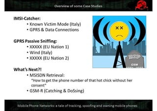 Mobile Network Security: a tale of tracking, spoofing and owning mobile phones. Defcon Moscow. OpenBTS & IMSI-catcher.