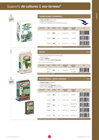 DCM CATALOGUE 2015-201627
Supports de cultures  eco-terreau®
TERREAUX
TOURBE BLONDE COMPRESSEE
•	Tourbe pure 100% (ballot de tourbe)
•	Améliore la structure et acidifie le sol
•	Convient pour les plantations et pour l’aménagement des pelouses
CODE CLIENT CODE CONTENU TYPE DIMENSIONS
(LXPXH)
CONDITION-
NEMENT
EAN
1002210 225 L sac 82 x 40 x 36 cm 18 sacs/EP
1000534 150 L sac 78 x 38 x 26 cm 24 sacs/EP
1000535 30 L sac 36 x 20 x 17 cm 120 sacs/EP
SUPPORT DE CULTURE NF U 44-551 - TOURBE BLONDE DE SPHAIGNES
PERLITE GRANULE
•	Crée un rapport optimal entre l’air et l’humidité dans les
terreaux et les sols
•	Favorise le drainage
•	Reflète la lumière pour des plantes vigoureuses
Dose : 10 - 20 L/m2
ou 100 ml/L de terreau
CODE CLIENT CODE CONTENU TYPE DIMENSIONS
(LXPXH)
CONDITION-
NEMENT
EAN
1001521.B
10 L sac 39 x 30 x 6 cm
68 sacs/MP + SB
1001520 160 sacs/EP
SUPPORT DE CULTURE NF U 44-551 - PERLITE
BILLES D’ARGILE - HYDRO-GRANULES GRANULE
•	Granulés d’argile pure expansés
•	Convient pour l’hydroculture
•	Utilisable comme couche décorative sur les pots
•	Assure un meilleur drainage en balconnières et en pots
CODE CLIENT CODE CONTENU TYPE DIMENSIONS
(LXPXH)
CONDITION-
NEMENT
EAN
1000485 40 L sac 74 x 42 x 13 cm 36 sacs/EP
1001460 20 L sac 50 x 36 x 12 cm 60 sacs/EP
1000488.B
10 L sac 47 x 29 x 8 cm
48 sacs/MP + SB
1000487 100 sacs/EP
1000490.B 5 L sac 29 x 27 x 6,5 cm 100 sacs/MP + SB
1001462 2 L boîte 19,2 x 7 x 26 cm 8 boîtes /carton
SUPPORT DE CULTURE NF U 44-551 - ARGILE EXPANSEE
UTILISABLE EN
AGRICULTURE
BIOLOGIQUE*
UTILISABLE EN
AGRICULTURE
BIOLOGIQUE*
*conformémentaurèglement CE 834/2007
UTILISABLE EN
AGRICULTURE
BIOLOGIQUE*
UTILISABLE EN
AGRICULTURE
BIOLOGIQUE*
*conformémentaurèglement CE 834/2007
MMP = MINIMINIPALETTE
 